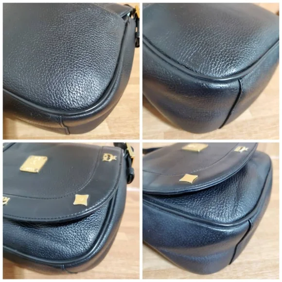Authentic MCM Black Leather Studded Flap Shoulder Bag
